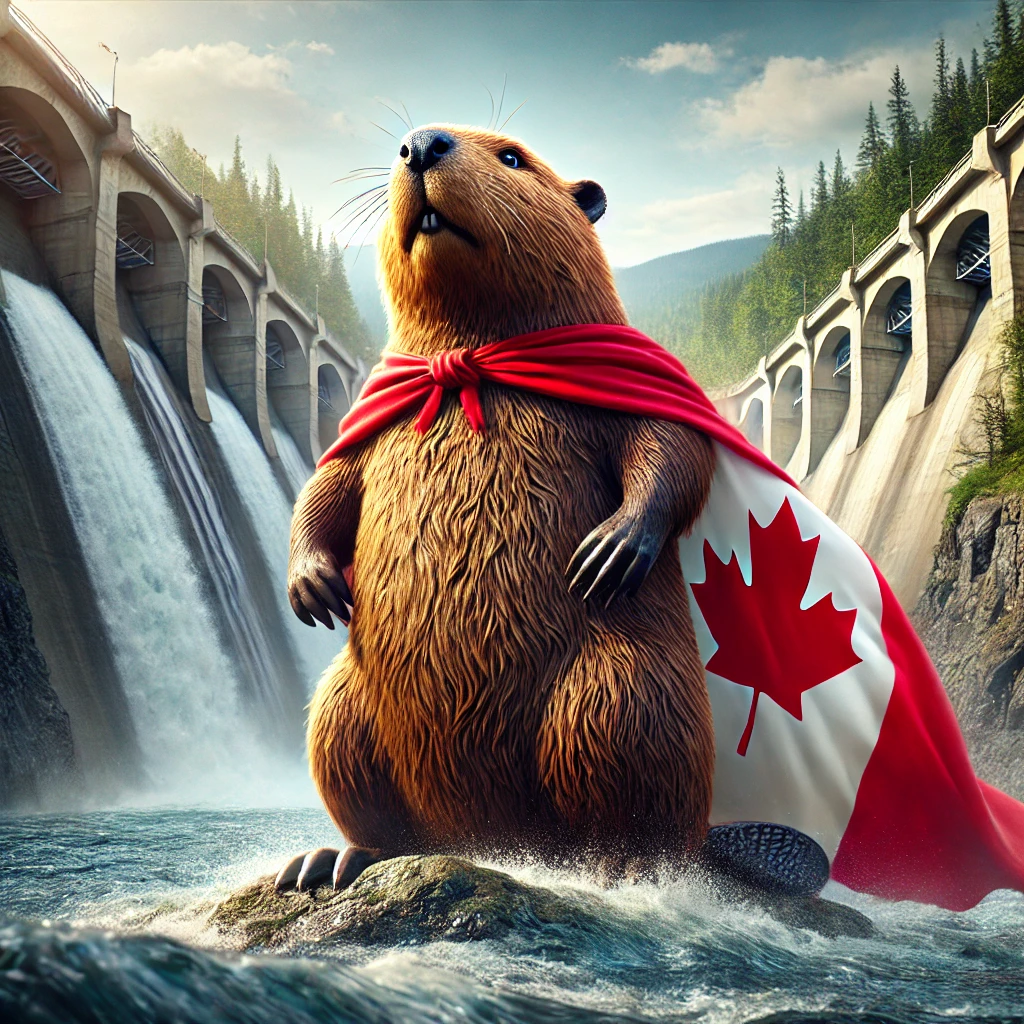 A-realistic-regular-sized-beaver-standing-proudly-on-top-of-a-large-water-reservoir-dam-wearing-a-flowing-red-Canadian-cape-with-a-maple-leaf-emblem